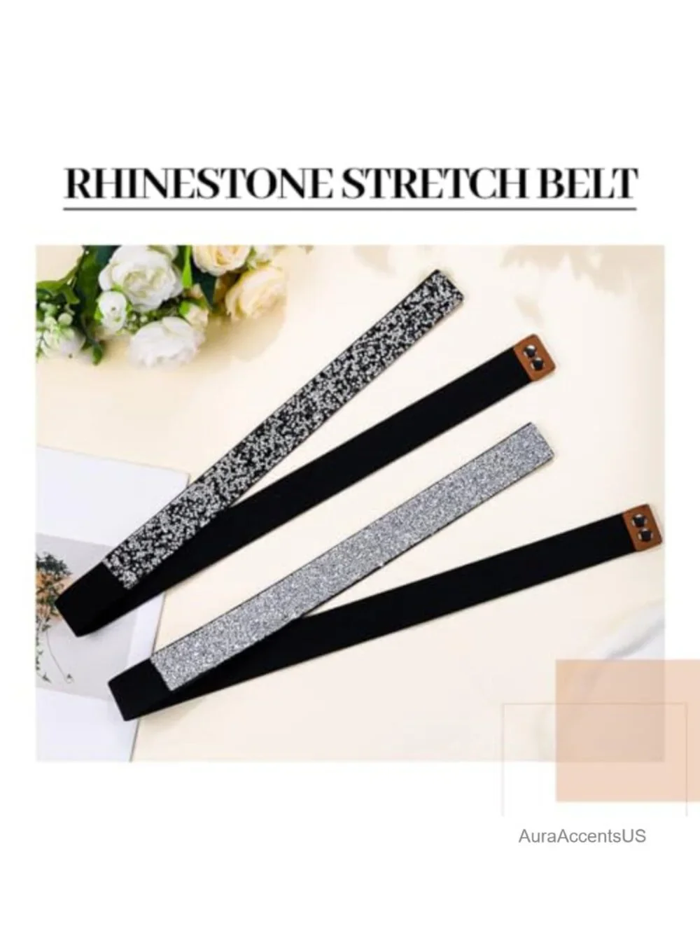 Rhinestone Stretch Waist Belt for Dress Formal PU Leather Silver